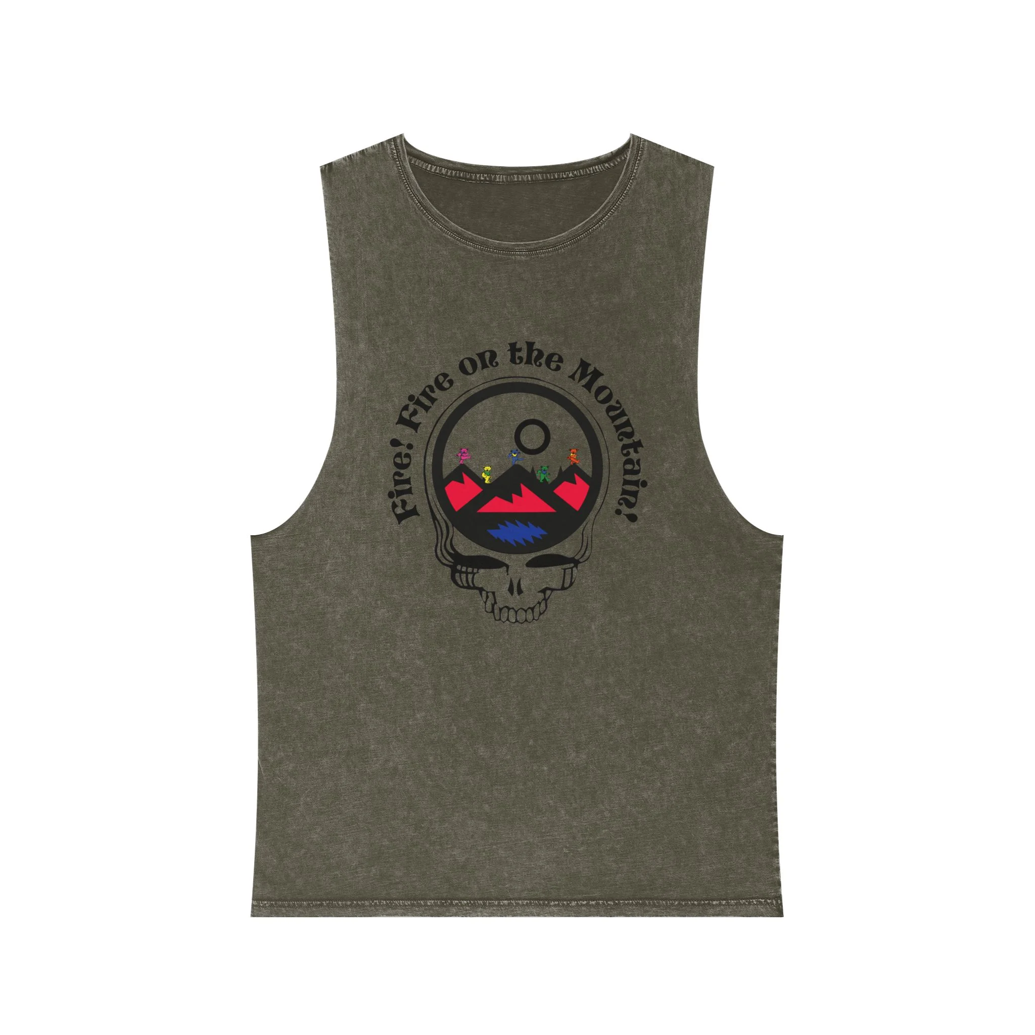 Mountain Skull Tank Top " Fire On The Mountain" Stonewash Sleeveless Tee - Moss