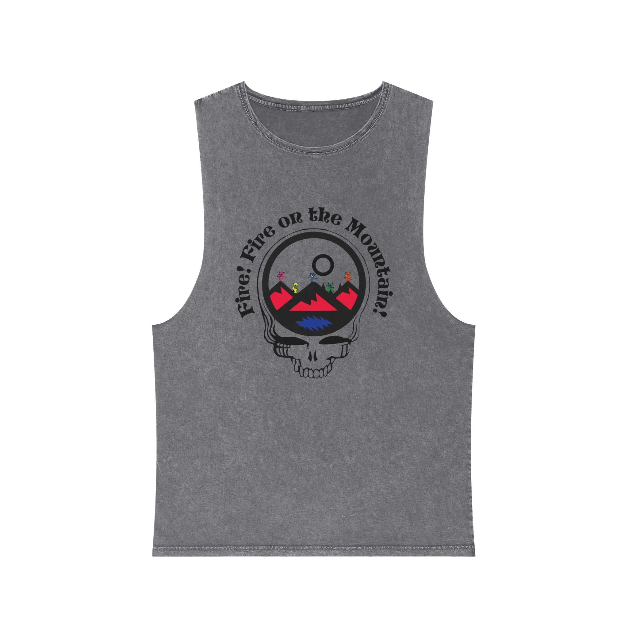 Mountain Skull Tank Top " Fire On The Mountain" Stonewash Sleeveless Tee - Ash
