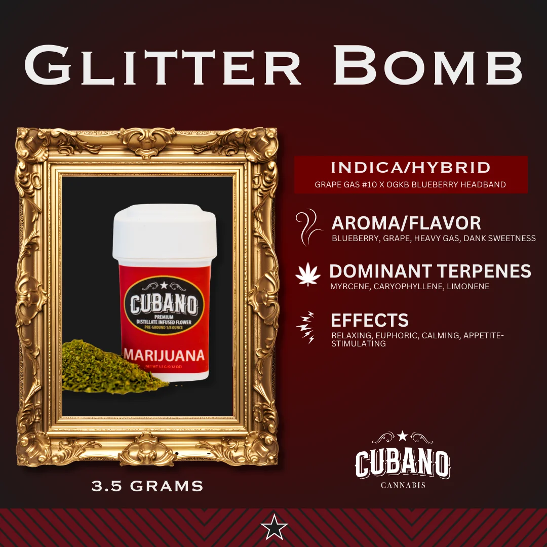 3.5g Glitter Bomb Pre-ground Distillate Infused Flower